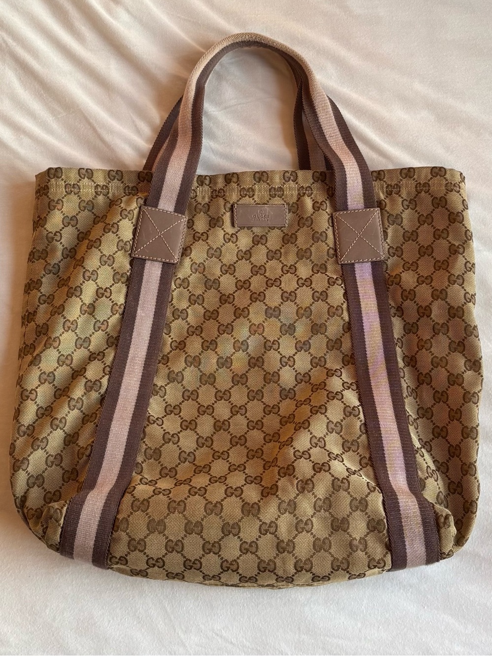 GUCCI Beige Brown GG Canvas Tote with Pink Stripe Handles